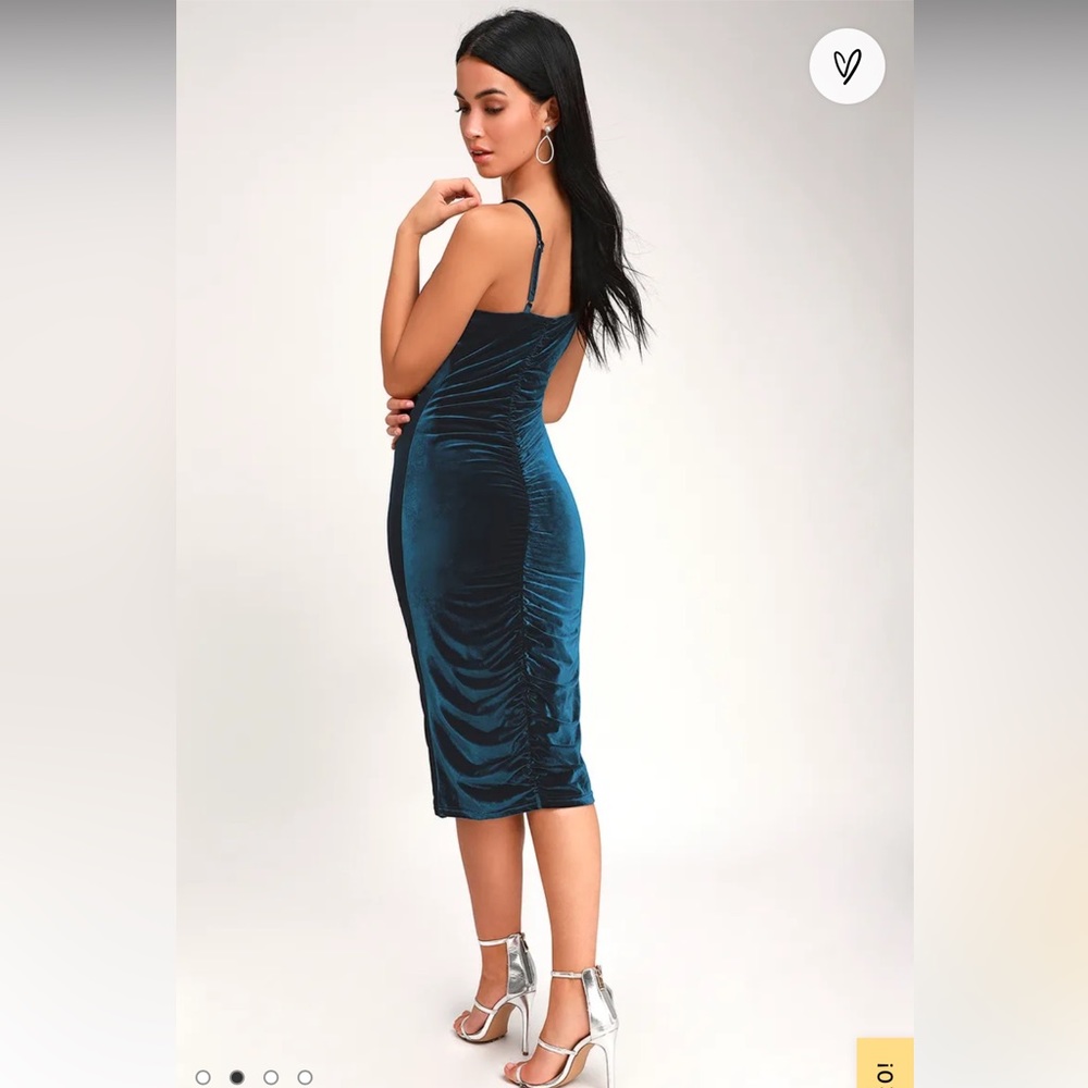 Catherine Teal Blue Velvet Ruched Bodycon Midi Dress